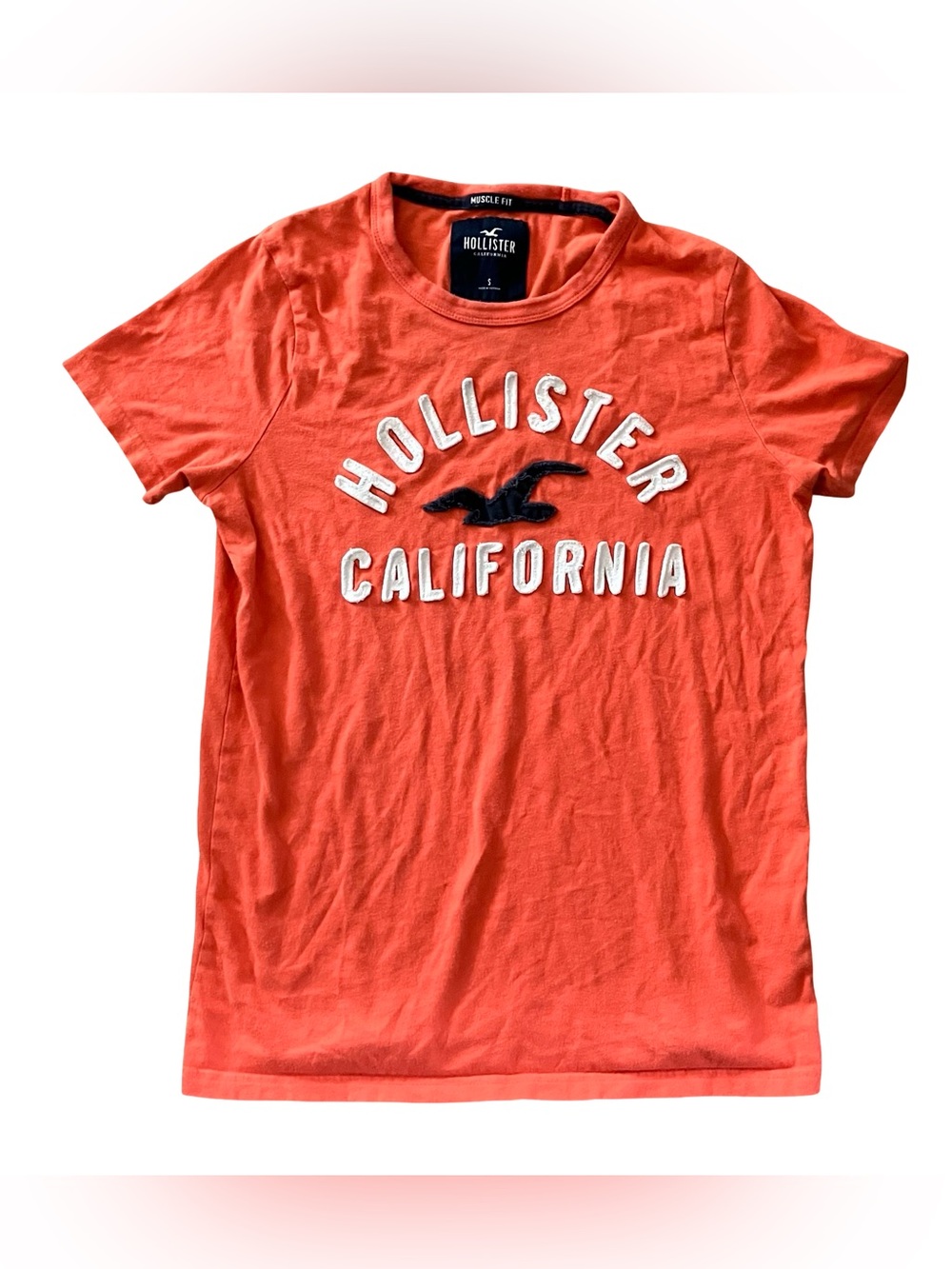 Hollister California Graphic TShirt Mens S Coral Orange Applique Logo Muscle Fit